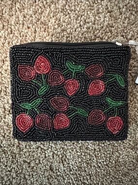 Beaded Cherry Coin Purse - Black and Red